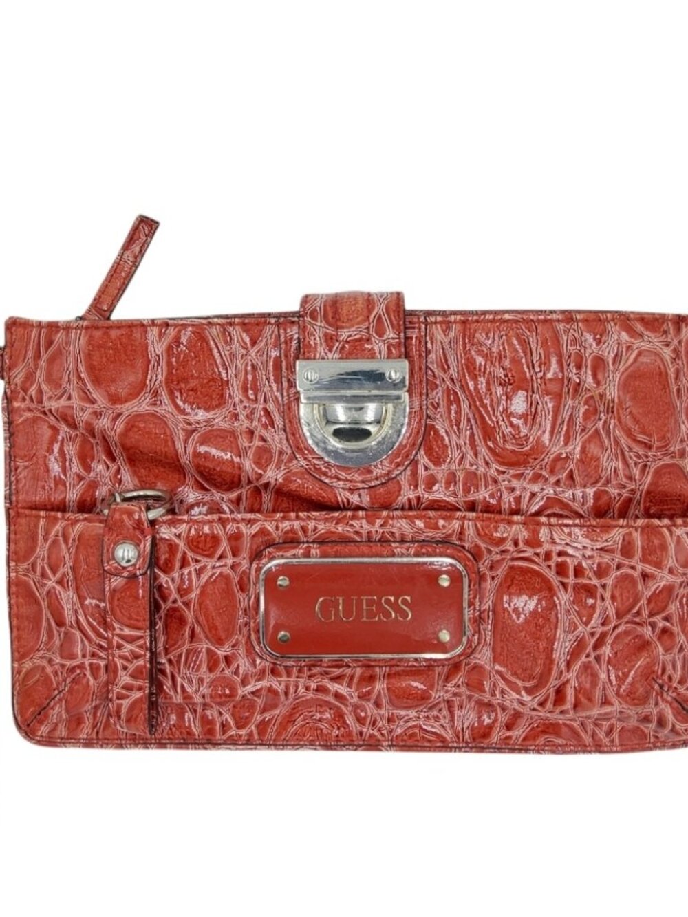Guess Brooke Clutch Bag Red Faux Leather Crocodile Embossed Wristlet
